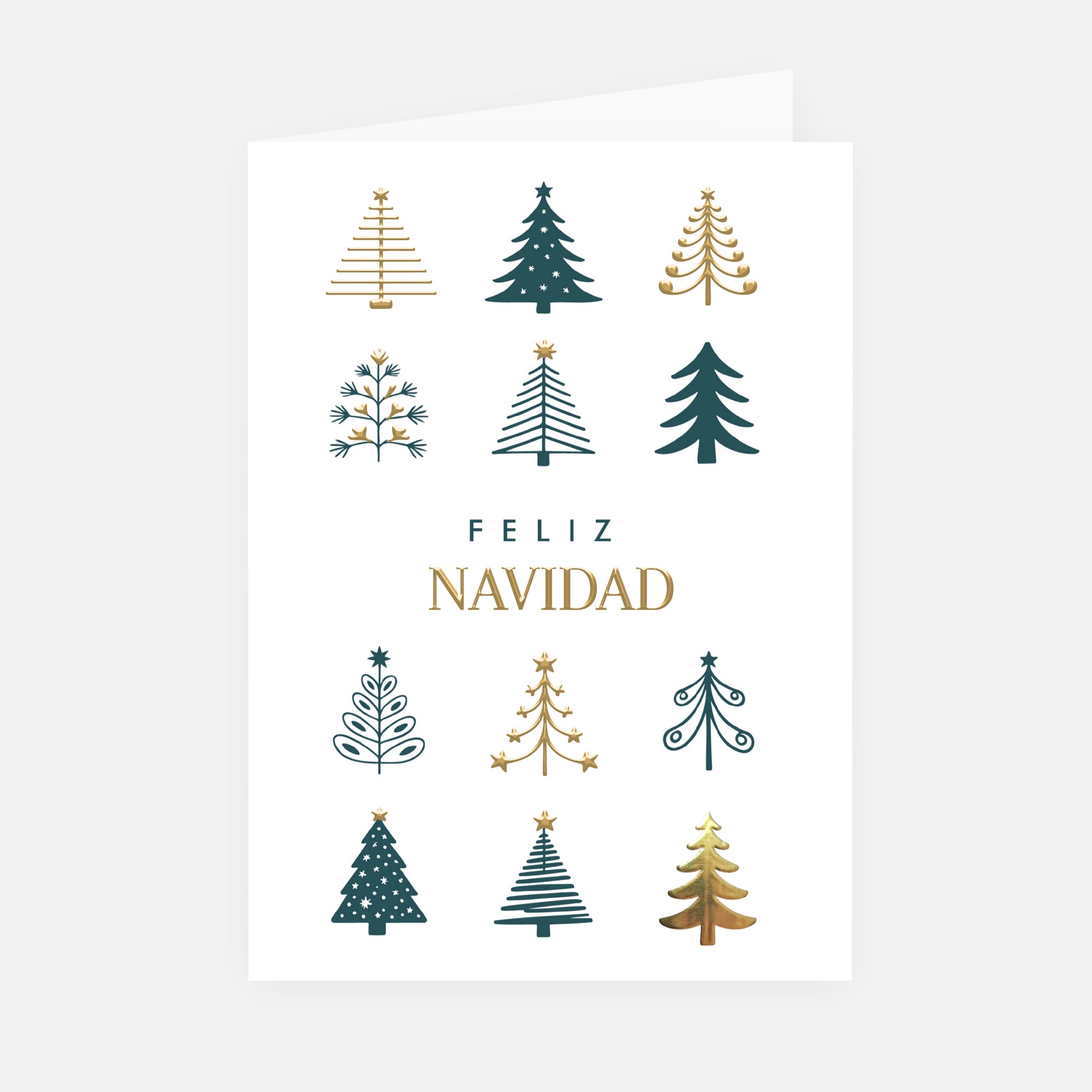 Bosque Geométrico | Tarjeta de Navidad dorada • Vertical plegable photo N° 1